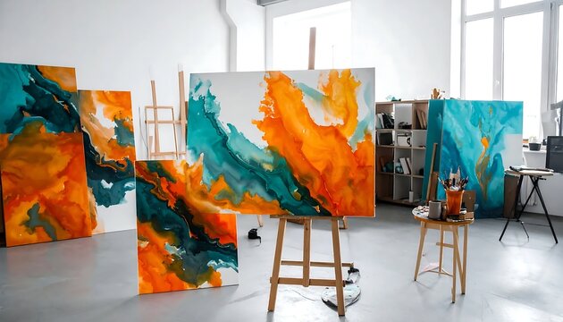Abstract art studio with colorful paintings on canvas.
