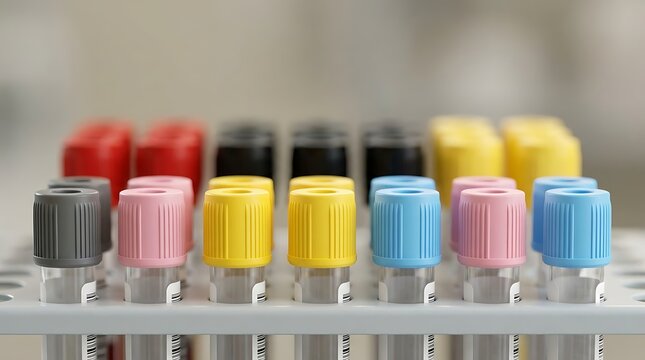 Assorted blood collection tubes with different colored caps standing in organized gray rack for medical screening and clinical laboratory testing procedures in hospital environment.