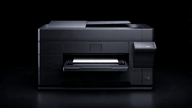 Modern black office printer device isolated on dark background with equipment technology business printing workplace professional electronics