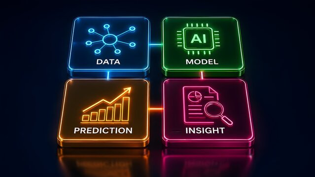 Four glowing neon square panels showing data model prediction and insight icons representing artificial intelligence workflow on dark background
