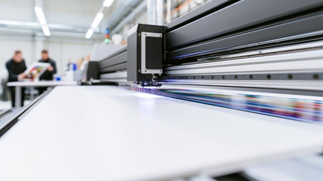 UV flatbed printer head jetting ink onto a rigid panel in sharp focus and blurred print operators behind. Concept of sign production printing.