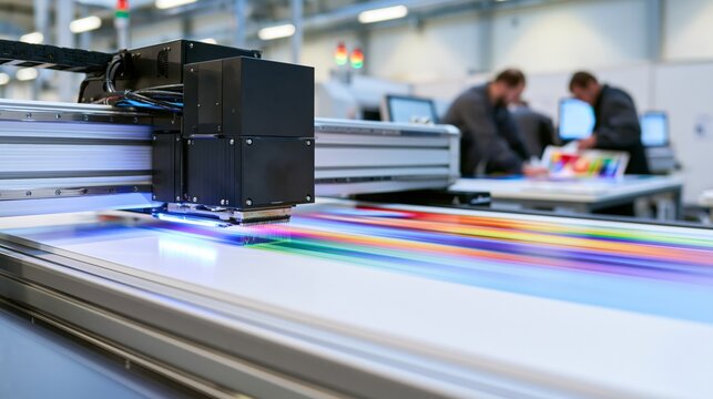 UV flatbed printer head jetting ink onto a rigid panel in sharp focus and blurred print operators behind. Concept of sign production printing.