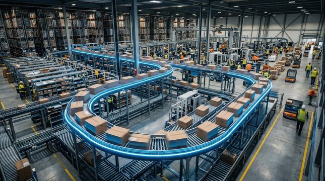 High angle view of a modern automated parcel sorting conveyor system in a large distribution warehouse facility