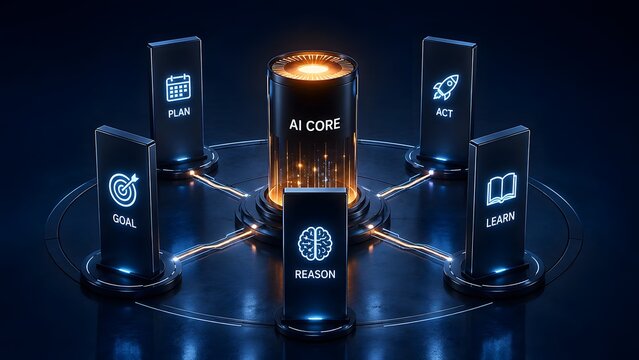 Futuristic central AI core cylinder surrounded by glowing digital pillars displaying goal plan reason act and learn workflow stages