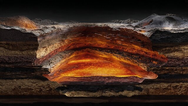 Cross section view of geological earth layers with glowing molten magma volcanic underground subsurface formation geological earthquake