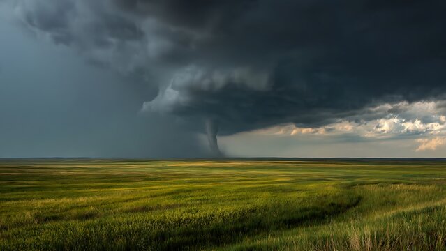 Dramatic supercell thunderstorm with a developing tornado over open prairie landscape.