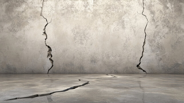 Cracked concrete wall and floor with structural damage, empty interior, distressed gray surface