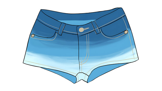 Denim shorts on white background for fashion design. Light blue jean cutoffs with front pocket detail for apparel catalog.