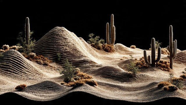 Detailed miniature desert landscape with tall cacti and rippled sand dunes landscape miniature environment outdoors sculpture geography formation