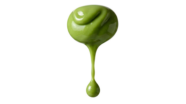 Green liquid dripping from a spherical blob with glossy finish on transparent background.