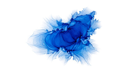Fototapeta premium Abstract blue ink splatter design with transparent background.