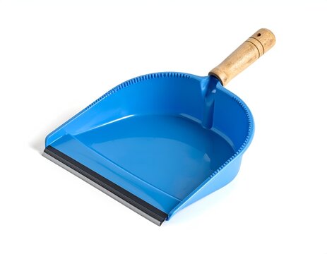 Blue plastic hand dustpan with smooth wooden handle.