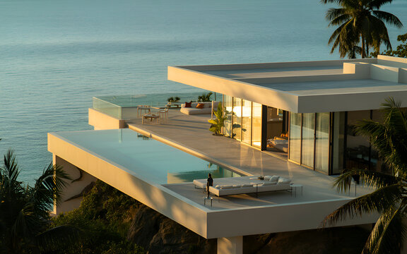 Modern luxury villa with infinity pool overlooking ocean during sunset golden hour