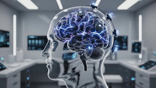 Futuristic Brain-Computer Interface Concept Showcasing Transparent Head and Neural Connections in a High-Tech Lab Environment