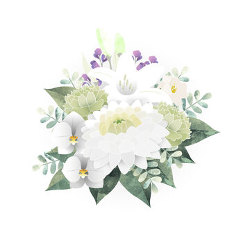 喪中・法要・お悔やみ用の白い仏花・供花ブーケイラスト素材　菊・白百合・胡蝶蘭・水彩和風フラワーアレンジ