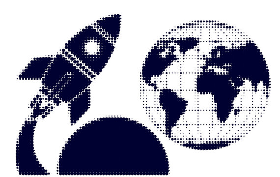 space rocket and Earth planet silhouettes. Vector abstract illustration of a spaceship launch in dark blue halftone pattern style