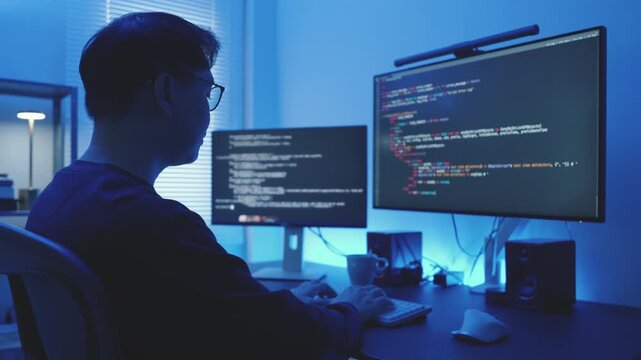 Asian Programmer Inspecting Code on Workstation , System Analysis Concept.