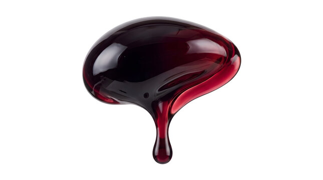 Dripping dark red liquid drop on transparent background.