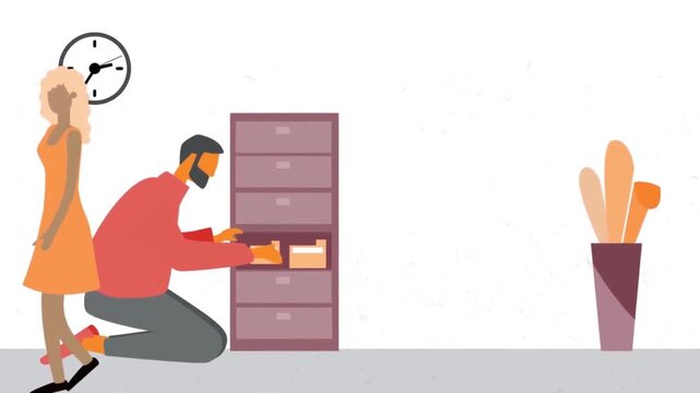 2D Animated Man Kneeling and Searching File Cabinet Drawer in Office while Woman Walks Past Flat Vector Character Animation Footage