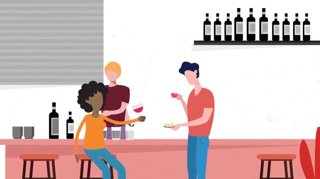 2D Animated Group of Friends Socializing and Drinking Beverages at Bar Counter Interior Flat Vector Character Animation Footage