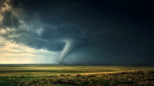 Dramatic supercell tornado over vast prairie landscape under dark storm clouds.