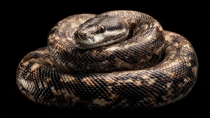 Obraz premium Close up of a patterned python snake coiled in a circle on a black background with wildlife predator dangerous herpetology venomous creature