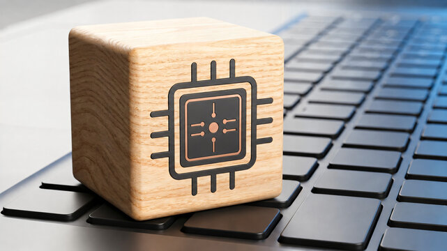 Wooden microchip symbol on laptop keyboard for digital technology