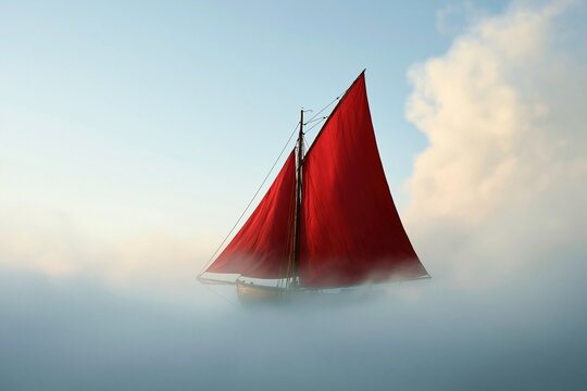 Sailboat with bright red full sails floating through thick soft morning fog above calm water, fantasy dreamlike nautical adventure and journey concept