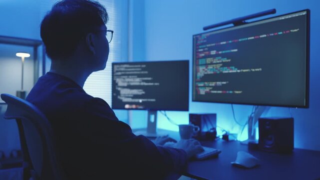 Back View of Asian male Software Engineer Working on Complex Coding Software Architecture.