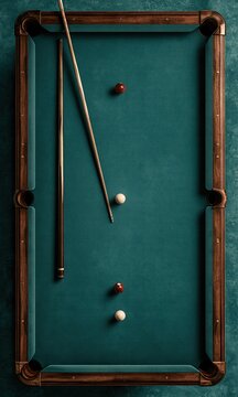 Vintage wooden billiard pool table with teal felt covering two wooden cues and scattered balls viewed from top classic indoor leisure game concept