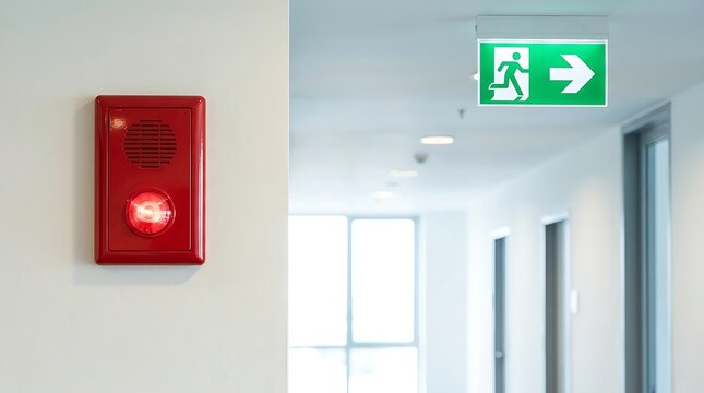 Red emergency fire alarm mounted on white office wall next to illuminated green exit sign showing direction in corridor of modern building facility during safety evacuation drill.