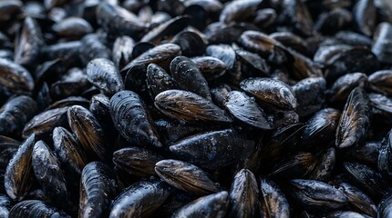 Obraz premium Close Up of a Large Pile of Fresh Mussels with Natural Shell Texture, Healthy Seafood Ingredient, Macro Food Photography at a Coastal Market