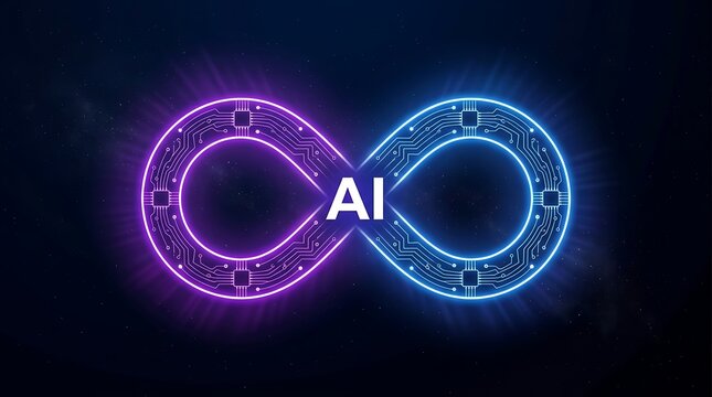 Artificial intelligence concept with neon infinity loop glowing circuit board pattern on dark background representing infinite possibilities in digital machine learning innovation future.