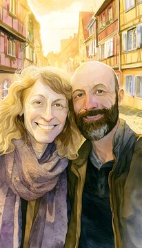 Smiling couple enjoys a charming cobblestone street bathed in warm golden afternoon light illustration