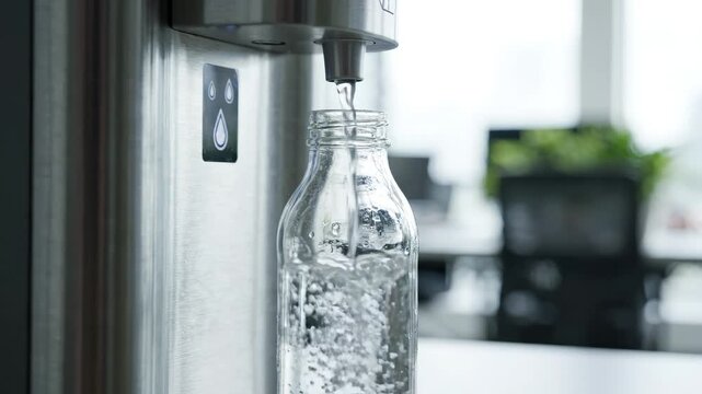 Clear water pouring from stainless steel dispenser into a glass bottle in modern office setting