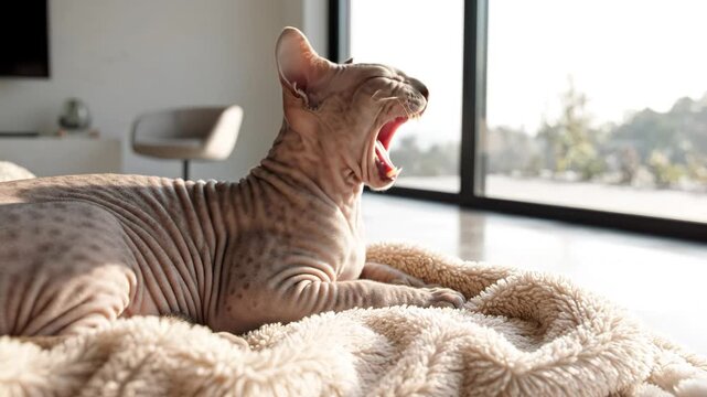 Hairless Sphynx cat yawning on a fluffy blanket in a sunlit modern living room