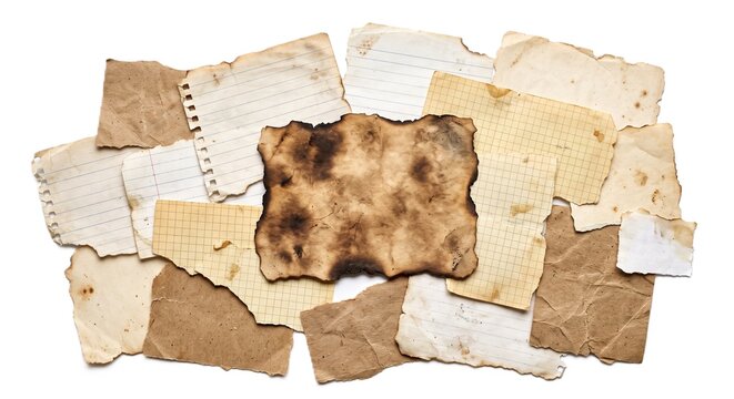 torn aged paper scraps, burnt parchment, lined notebook paper, grid paper, craft paper, isolated on a white background