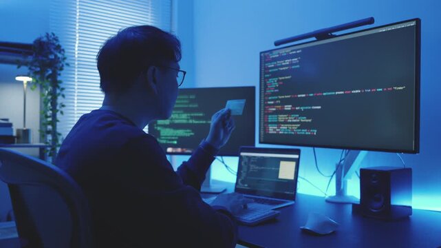 Asia man Software IT Programmer Holding Credit Card to Purchase Software Subscription Online.