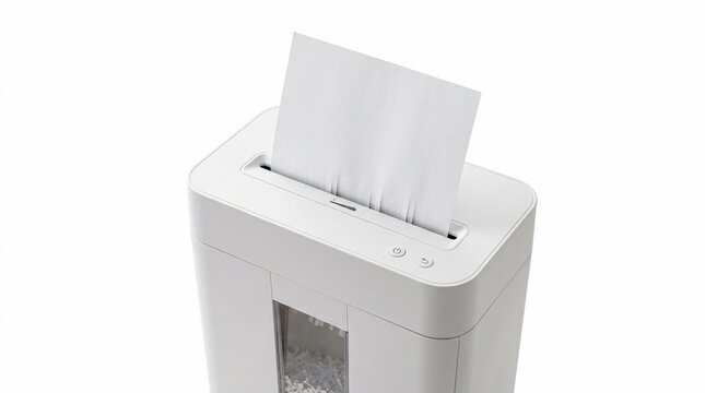 Modern white electric paper shredder machine with a blank white sheet of paper being fed into the slot for destruction, isolated on a white background for office security and privacy.