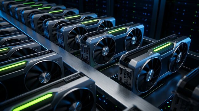 rows of modern computer graphics processing units GPUs lined up in dark server room with bright green lights Data center hardware for artificial intelligence and cryptocurrency mining.