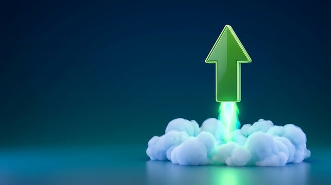 Green arrow launching like rocket from smoke, representing growth, success, progress and positive development in business or economy, upward trend.