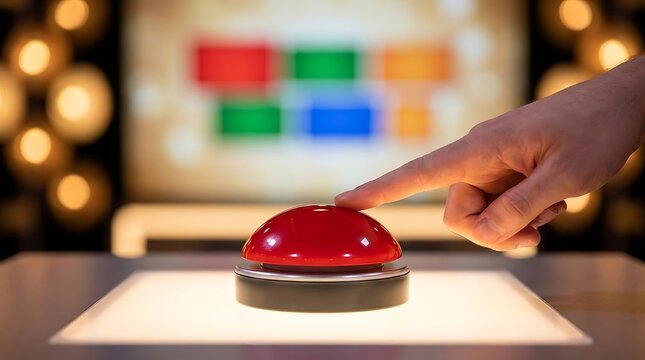 Finger pressing large red buzzer button on glowing surface in front of blurred game show screen lights background anticipating choice.