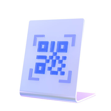 3D glass QR code display stand for counters and tables, representing restaurant menus, contactless ordering, merchant payments, and instant information access. Isolated on transparent background.