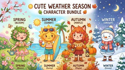 Fototapeta premium Adorable four seasons cartoon characters representing weather and nature changes set