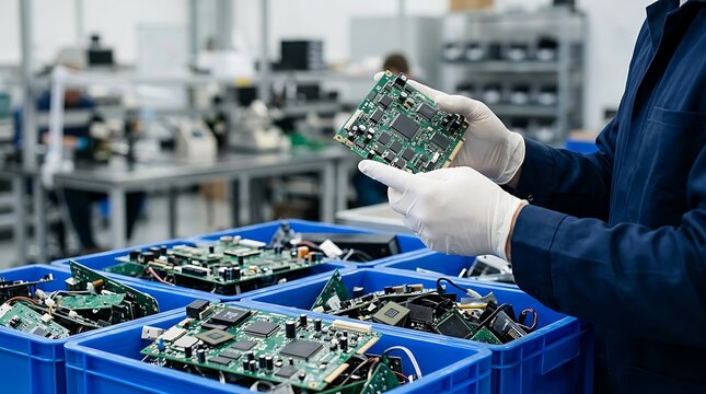 Technician in gloves inspects electronic circuit board from blue bin in e-waste recycling facility, circuit boards stacked, recycling process.
