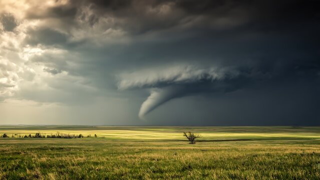 Dramatic tornado funnel cloud over vast green plains.