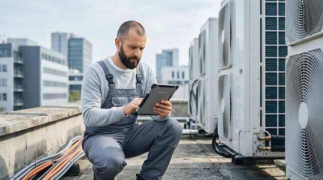 HVAC technician using tablet computer checking industrial air conditioning units on city rooftop with skyscrapers in background assessing repair.