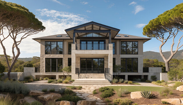 Climate-resilient modern home with sustainable landscaping