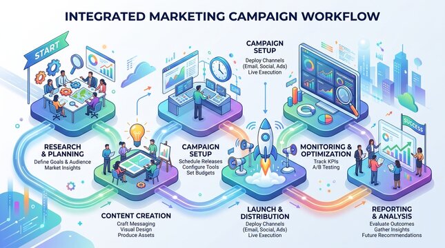 Isometric vector illustration of integrated marketing campaign workflow and strategy