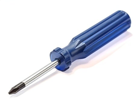Long blue Phillips screwdriver on white background